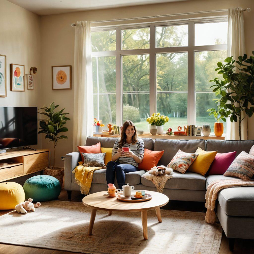 A cozy living room scene with a stylish couch, colorful throw pillows, and a large flat-screen TV displaying a family-friendly show. A cheerful mom relaxes with a cup of tea, surrounded by playful kids and scattered toys, all immersed in joyful entertainment. Sunlight filters through the window, creating a warm and inviting atmosphere. Illustrate vibrant colors and a sense of harmony to reflect the theme of blissful parenting. super-realistic. warm tones. wholesome ambiance.