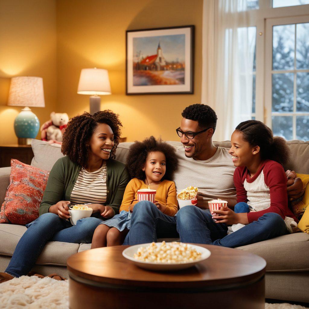A warm, inviting living room scene where a diverse family of four is gathered on a cozy couch, joyfully watching a screen displaying colorful scenes from various family-friendly TV shows. The room is filled with playful decorations, and soft toys lie scattered around, emphasizing a cheerful atmosphere. A big bowl of popcorn sits on the coffee table, enhancing the family bonding experience. The lighting is soft and warm, creating a cozy vibe. super-realistic. vibrant colors. warm tones.