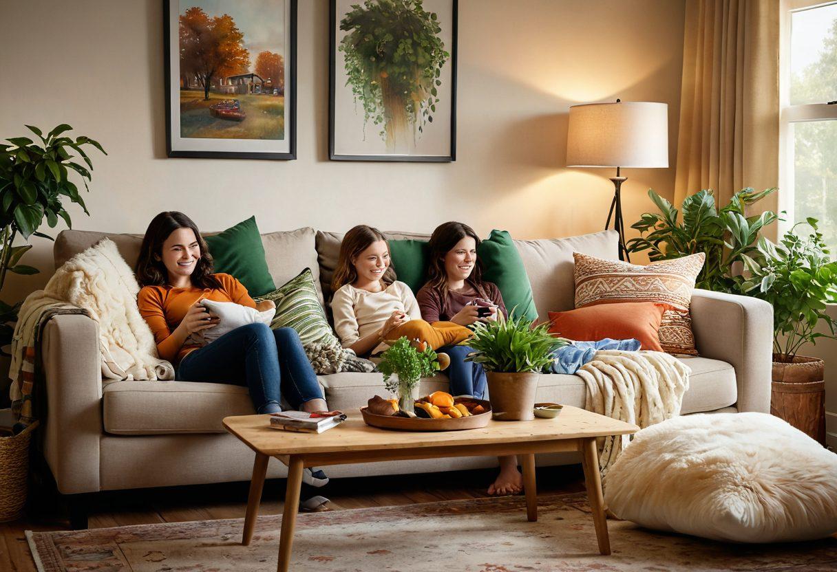 A cozy living room scene with a wonder mom relaxing on a comfy couch, surrounded by children laughing, pillows scattered about, soft blankets, and a TV displaying vibrant, uplifting scenes. Include elements like snacks on a table, plants for a touch of greenery, and warm ambient lighting to create a serene atmosphere. super-realistic. warm colors. inviting ambiance.